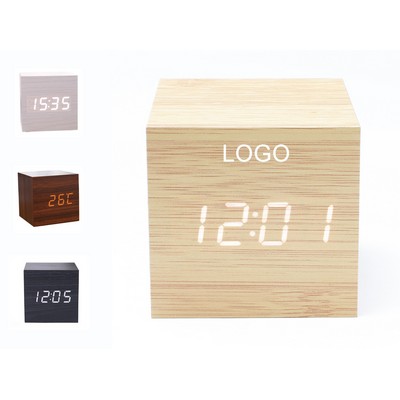 Wood Pattern LED Voice-Activated Cube Alarm Clock