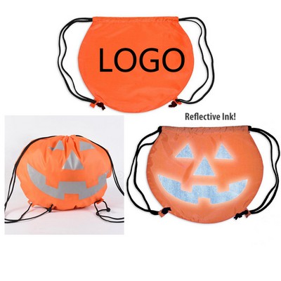 Reflective Halloween Pumpkin Drawstring Bag Orange String Backpack Bag