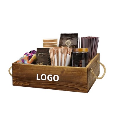 Rustic Wooden Partitioned Tea Station Box with Rope Handle – No Lid Design