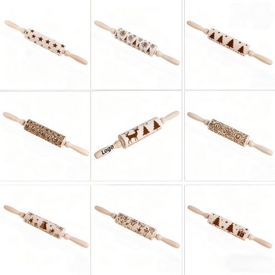 Wooden Christmas Pattern Embossed Rolling Pin for Cookies