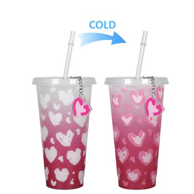 Valentine's Day Leopard Print Heart Color Changing Tumbler 2pcs Set 710ML Reusable Plastic Straw Cup