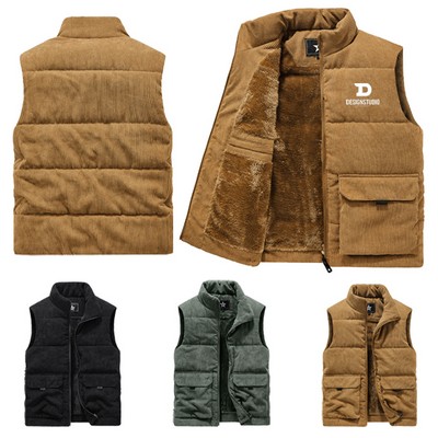Men's Autumn Winter Warm Sleeveless Coat Stand Collar Padded Waistcoat Corduroy