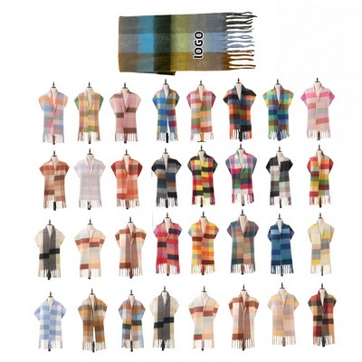 Soft Rainbow Plaid Scarf with Fringe Detail for Cozy Fall Winter Wear and Stylish Layering