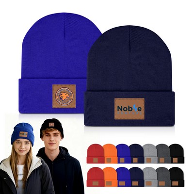 Cuffed Knit Beanie With PU Leather Patch