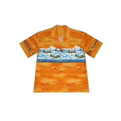 Orange Hawaiian Tropical Military Border Print Cotton Shirt / Airplanes - Circa WWII
