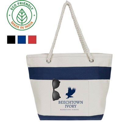 Nautical Rope Eco Friendly 16 Oz. Canvas Tote Bag w/Navy Blue Trim
