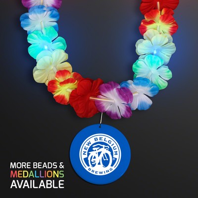 Rainbow Lei LED Flower Necklace with Blue Medallion - PRINTED