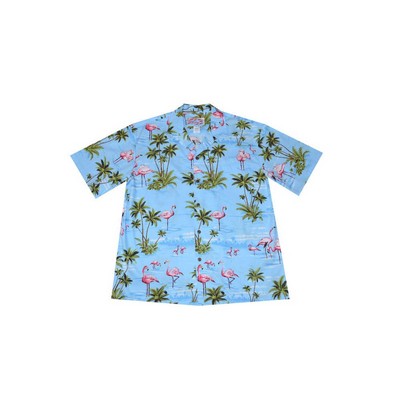 Blue Hawaiian Cotton Poplin Shirt w/ Button Front & Short Sleeves
