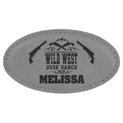 Oval Badge with magnet, Gray Faux Leather, 3 1/4" x 1 3/4"