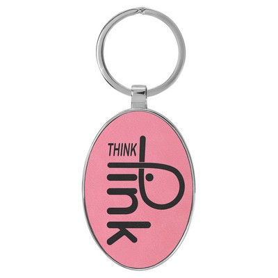 3" x 1 3/4" Leatherette/Metal Pink Oval Keychain