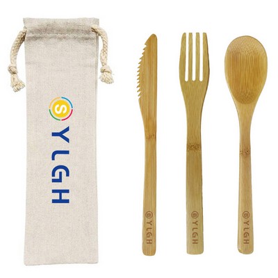 3 In 1 Bamboo Cutlery Set With Pouch
