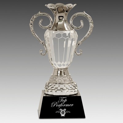 10" Crystal Cup w/Silver Metal Handles on Black Base