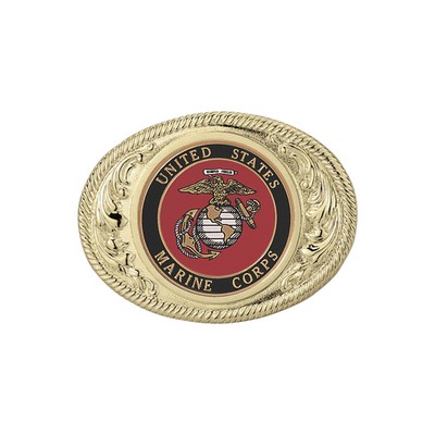 Gold Oval Die Cast Belt Buckle w/United States Marine Corps Insert (2 3/4" x 3 5/8")