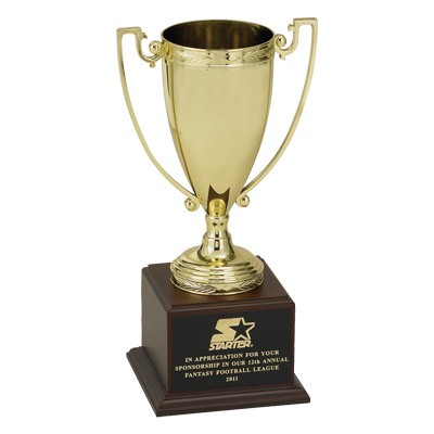 12" Trophy with 8 1/4" Gold Cup on Walnut Brown Wood Base