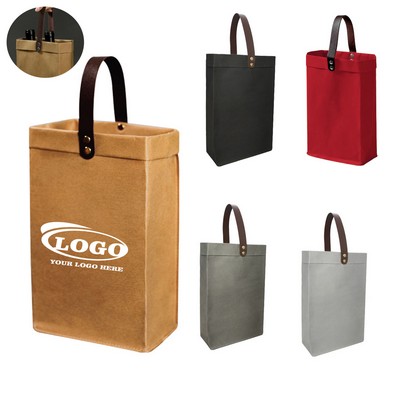 Kraft Paper Double Wine Bottle Tote with Leather Handles