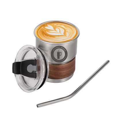10 OZ.Stainless Steel Coffee Mugs With Wooden Sleeve&Straw