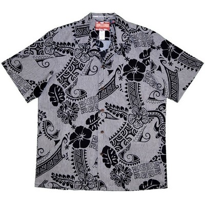 100% Cotton Poplin Tropical Print Charcoal Gray Hawaiian Shirt w/Coconut Buttons
