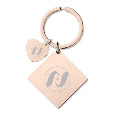 30 x 30 x 2 mm Rose Gold Square Tag Keychain W/ Small Heart Tag 15 mm