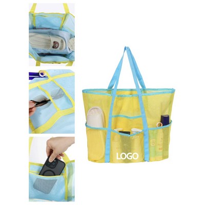 Color-Blocking NylonmeshSpacious Multi-Pocket Beach Tote