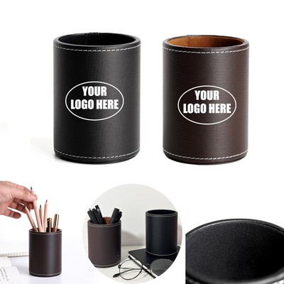 Leather Round Desk Organizer Makeup Brush Pencil Holder