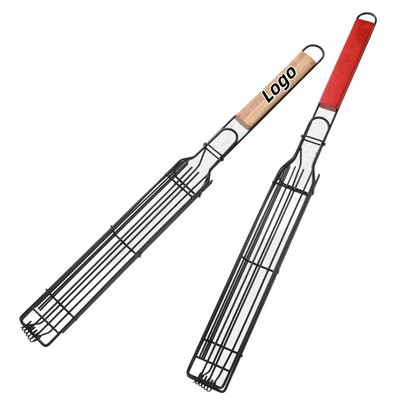 Wood Handle BBQ Grill Basket for Hot Dogs and Sausages