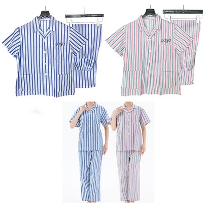 Soft Pure Cotton Stripes Short Sleeves Long Pants Pajama Set Unisex Woman Man Lounge Sleepwear