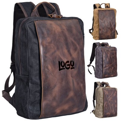 Genuine Leather Waxed Canvas Waterproof Outdoor Backpack