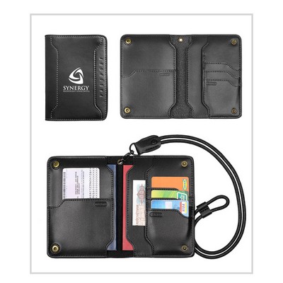 Travel Passport Holder , Credit Card Organizer , Leather Multifunctional Wallet With Lanyard