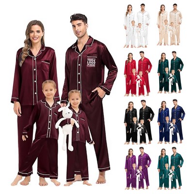 2 Pcs Set Family Matching Silk Satin Pajamas Button Down Sleepwear Long Sleeve Silky Nightwear