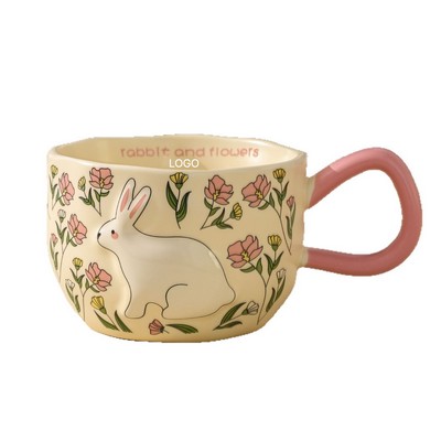 Embossed Floral Bunny Ceramic Mug for Office and Home