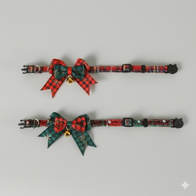 Christmas Pet Bow Tie Collar Adjustable Plaid Bell Necklace with Safety Buckle