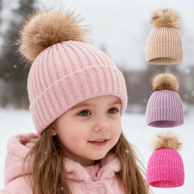 Kids Winter Hat with Faux Fur Pom
