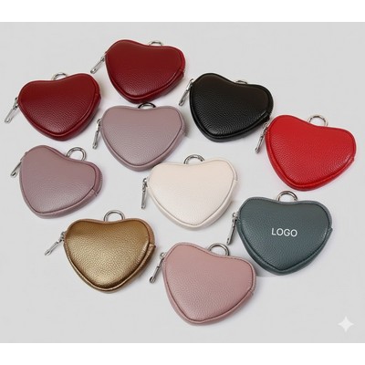 Heart-Shaped Cowhide Leather Coin Purse Mini Portable Earphone Storage Bag with Keychain