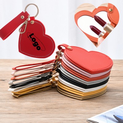 Heart-Shaped PU Leather Makeup Mirror w/ Keychain