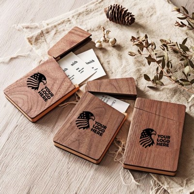 Walnut Wood Magnetic Business Card Holder Box Case