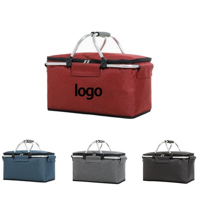 Oxford Fabric Picnic Basket With Insulated Lining And Folding Aluminum Handle