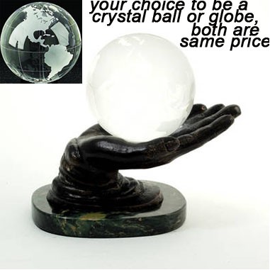 Crystal Ball or Globe w/ Bronzed Solid Brass Hand Holder & Marble Base