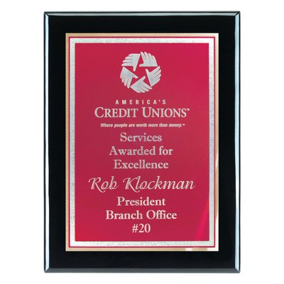 Plaque - 7"x9" Jet Black High Gloss Piano Wood Plaque with Burgundy Florentine Plate (5"x7")