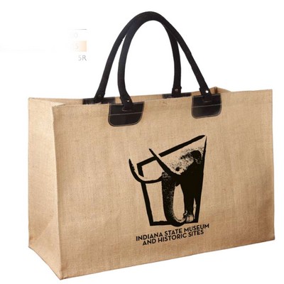 Eco Friendly Jumbo Jute Tote with Leather Accents& Stuffed Cotton Handles with Interior Pocket