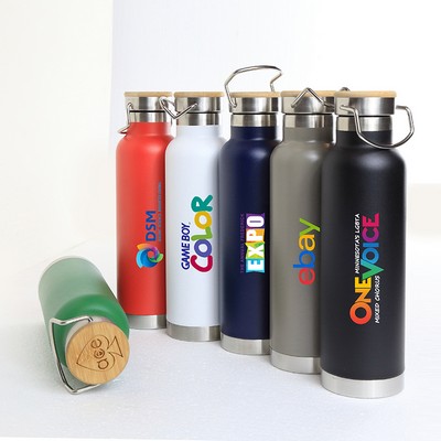 22 Oz. Scenesetter Double Wall 18/8 Stainless Steel Vacuum Insulated Bottle w/Bamboo Cap (White)