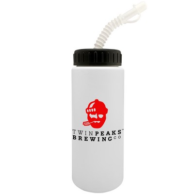 32 Oz. White Sport Bottle with Cap, Tip and Straw. Made in USA