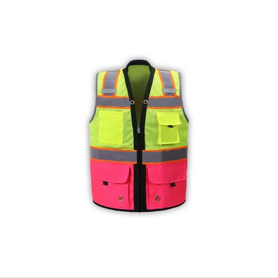 High Visibility Premium Surveyor Vest, Class 2, Pink, Zipper Front