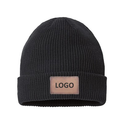 Knitted Beanie Hat w/PU Patch