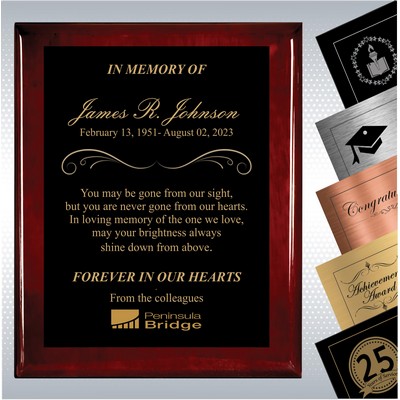 Rosewood Piano Finish Wood Personalized Memorial Plaque Gift Award (12" x 15")