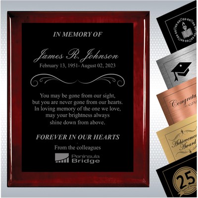 Rosewood Piano Finish Wood Personalized Memorial Plaque Gift Award (9" x 12")