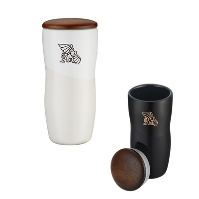 Union Printed - 12oz Double Wall Shiny Ceramic Tumbler w Wood lid