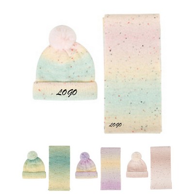 High-end Scarf and Hat Set, Autumn/Winter Warm Gradient Thick Knitted Scarf and Beanie Set