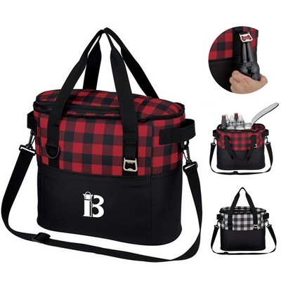 Plaid Pattern Cooler Insulated Bag W/ Bottle Opener