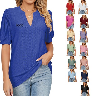 Relaxed-fit Women's Short-Sleeve V-Neck Tee in Solid Colors with Cutout Detail