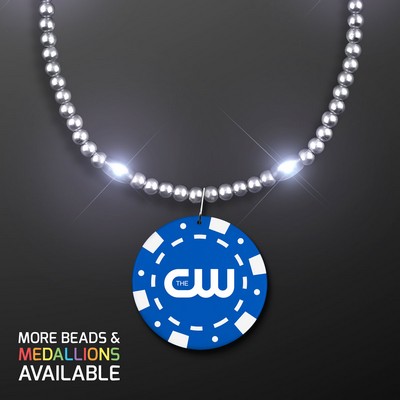 Silver LED Bead Necklace with Blue Poker Chip Medallion - PRINTED